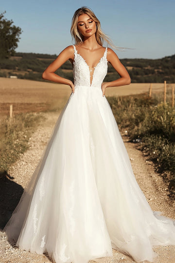Délicate Ivoire Col V Tulle Une Ligne Dentelle Applique Robe de mariée